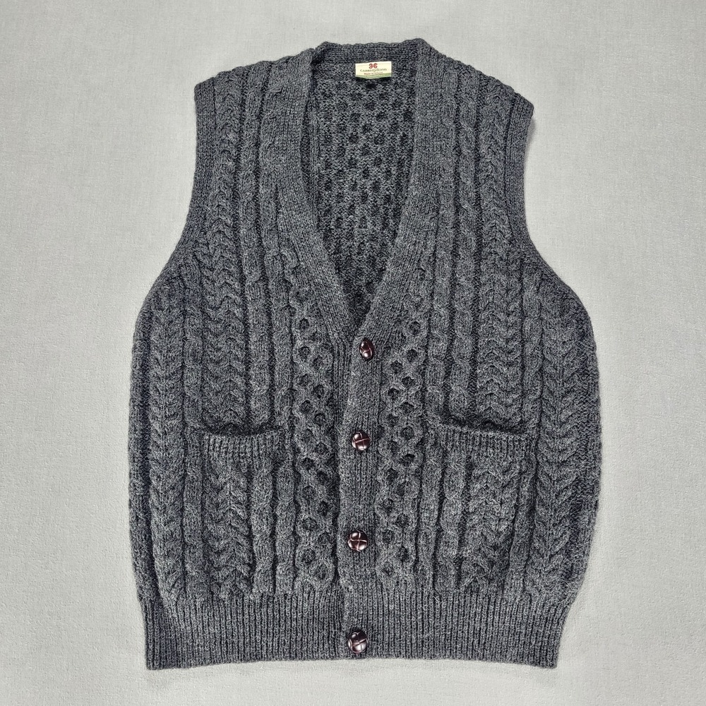 Carraig Donn‎ Irish Cable Knit Sweater Vest Mens XXL Gray Wool Fishermen Pockets